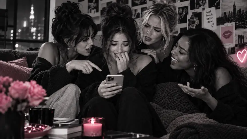 Four friends leaning together on a sofa, reading a message on one of their phones.
