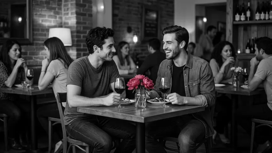 En un bar de vins de barri amb llum tènue, una nit entre setmana, dos homes d’uns vint-i-sis anys comparteixen platets en una taula de racó durant una tercera cita sense presses; un d’ells riu d’alguna cosa que l’altre acaba de dir, mentre a les taules del voltant grups d’amics parlen en veu baixa, inclinats els uns cap als altres. Porten samarretes senzilles, una sobrecamisa oberta i texans, i entre ells hi ha un pot petit amb peònies d’un rosa intens.