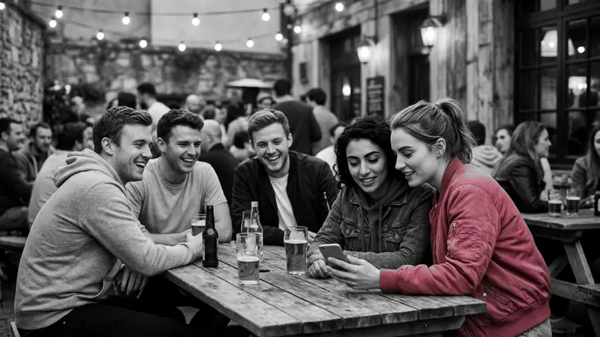En una terrassa de pub plena de gent, en un vespre suau, una parella jove d’uns vint-i-pocs anys seu ben a prop entre tres amics que riuen; una de les dues inclina el mòbil amb naturalitat cap a la seva xicota perquè totes dues el puguin veure, amb la pantalla girada de cara contrària a la càmera. La xicota porta una jaqueta bomber d’un rosa intens; la resta, dessuadores llises, samarretes llises, texans i vambes, sota garlandes de bombetes càlides, i l’ambient és relaxat i serenament esperançat.