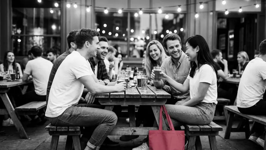 En una terrassa de bar plena de gent i guarnida amb llums càlids, un divendres després de la feina i sense cap rètol ni lletra a la vista, un grup de companys d’uns vint anys, amb samarretes llises, camises arremangades, texans i vambes, s’aplega al voltant d’una taula de fusta rient d’una història. En un extrem, una noia amb una bossa de lona llisa de color rosa fúcsia fosc als peus comparteix un somriure tímid i esperançat amb el company del costat mentre ell li passa una beguda.