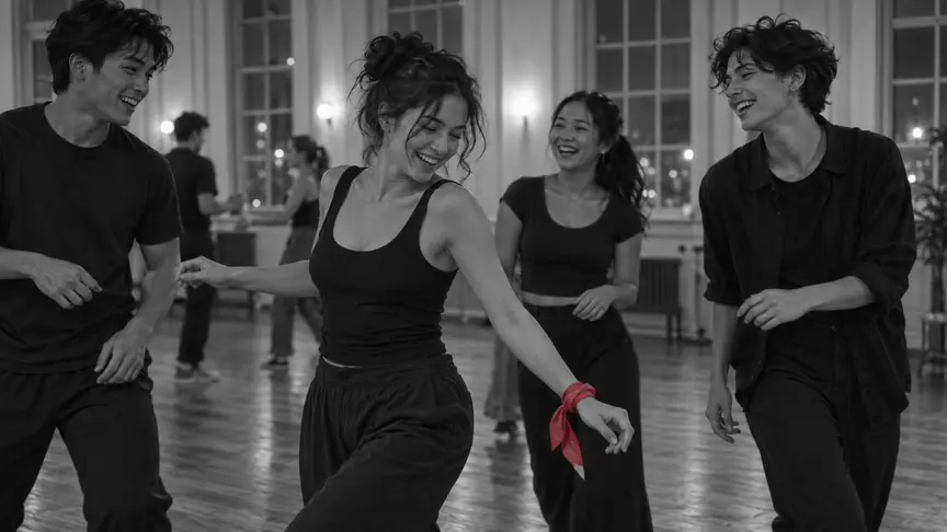 En una classe de ball nocturna en una sala comunitària lluminosa, una noia d'uns vint-i-quatre anys amb una samarreta de tirants negra senzilla i pantalons amples riu enmig d'un gir perquè ha fallat un pas, envoltada d'amics d'entre vint-i-dos i vint-i-sis anys —un noi, una noia i una amistat d'aspecte andrògin— que riuen amb ella; finestres altes, un terra de fusta gastat, tothom amb roba senzilla sense lletres ni logotips, un mocador rosa fosc lligat al canell i cap mòbil a la vista.