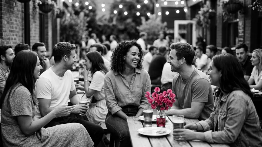 Un vespre d’estiu, a la terrassa plena de gent d’un pub il·luminada amb garlandes de llums, una dona a punt de fer trenta anys, amb camisa de lli i texans, riu amb una taula d’amics de la seva edat que porten samarretes, vestits d’estiu i roba texana, mentre comparteix una mirada càlida amb un vell amic de més o menys la mateixa edat a l’altra banda de la taula, que li torna el somriure; entre els seus gots hi ha un ram de pèsols d’olor de color rosa intens en un pot de melmelada.