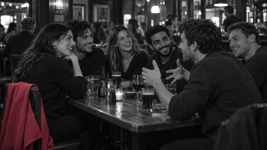 En un pub ple de gent i amb una llum càlida un divendres al vespre, una dona d'uns vint-i-quatre anys i un home d'uns vint-i-cinc seuen en una llarga taula de fusta envoltats d'un grup d'amics seus de la mateixa edat, i tothom riu amb una història que explica un amic amb grans gestos de les mans; ella té una jaqueta rosa fosc penjada al respatller de la cadira, i tothom porta jerseis, camises i jaquetes llisos, sense lletres ni logotips.