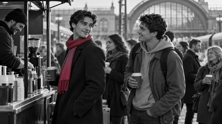 En un matí fred i lluminós davant d'una estació de tren, dos joves fan cua en un carret de cafè senzill i sense rètol: un, d'uns vint-i-quatre anys, amb un abric de llana blau marí i una bufanda rosa fosc, s'ha girat per somriure a l'home d'uns vint-i-tres que té darrere, que porta una dessuadora grisa sota una caçadora de lona i li torna el somriure a mig saludar; altres viatgers esperen a prop amb gots de paper, tots amb roba senzilla sense lletres ni logotips i amb els mòbils apartats. L'ambient és distès, càlid i esperançador, l'inici d'alguna cosa familiar.