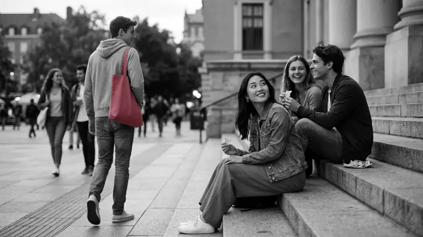 Sobre l’àmplia escalinata de pedra d’un edifici universitari, en un vespre càlid, una noia de vint anys amb jaqueta texana i pantalons amples comparteix unes patates fregides amb dos amics de la seva edat, una noia i un noi, i es gira amb mig somriure cap al noi d’uns vint anys amb qui havia parlat abans. Ell, amb dessuadora amb caputxa i texans i una bossa de roba senzilla de color rosa fosc a l’espatlla, s’allunya amb els seus amics per la plaça plena de gent.