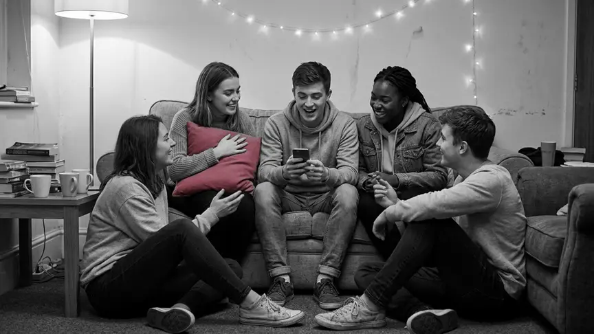 Estudiants universitaris d’uns dinou o vint anys s’amunteguen en un sofà enfonsat i a terra a la sala comuna, ben viscuda, d’una residència universitària un vespre, amb dessuadores, texans i vambes, mentre un noi llegeix en veu alta alguna cosa del mòbil, amb la pantalla girada cap a ell, i els altres riuen i discuteixen què vol dir; una noia s’abraça un coixí d’un rosa intens contra el pit, somrient, sota una garlanda de llumetes en una paret nua i senzilla.