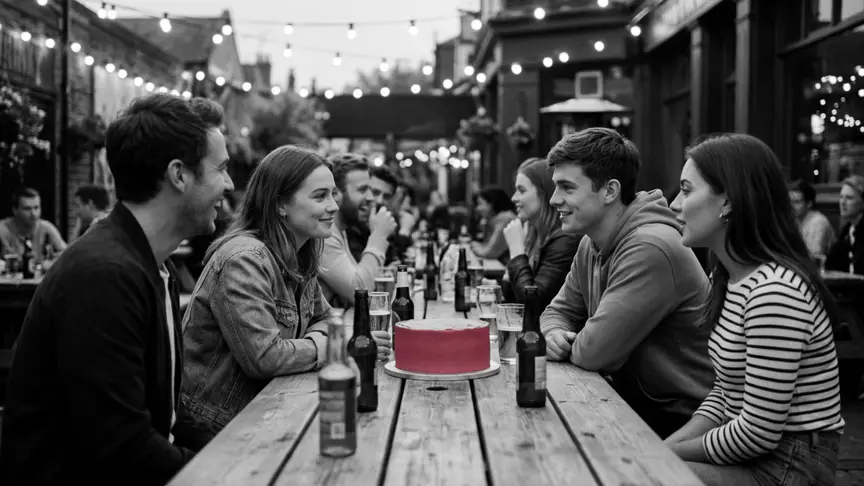 A l’aniversari d’un amic en un jardí d’un bar ple de gent sota garlandes de llums, uns amics d’uns vint-i-dos anys s’apleguen al voltant d’una taula llarga de fusta. Una jove amb jaqueta texana, el seu xicot al costat que riu girat amb un amic, creua la mirada amb un jove amb dessuadora amb caputxa a l’altra banda de la taula, la seva nòvia amb samarreta de ratlles està xerrant, i els dos comparteixen un somriure càlid davant d’un pastís d’aniversari rosa fosc sense cap inscripció.