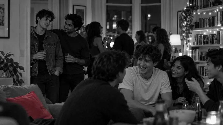 En una festa concorreguda en un pis viscut, ja entrada la nit, un noi d'uns vint-i-dos anys amb una caçadora de denim llisa està recolzat al marc de la porta amb un got a la mà i mira el seu crush, un noi d'uns vint-i-tres anys amb una samarreta de color crema llisa, que riu amb un grup d'amics a l'altre costat de la sala, mentre un amic que té al costat li clava un cop de colze amb un somriure còmplice; unes garlandes de llumetes brillen als prestatges, un coixí d'un rosa fort descansa al sofà i tothom porta roba llisa, sense lletres ni logotips.