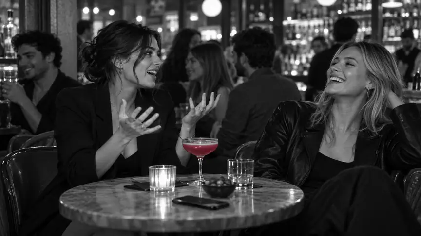 En un bar animat un divendres al vespre, dues amigues d'uns vint-i-dos i vint-i-tres anys riuen juntes en una tauleta rodona; una explica una història amb les mans enlaire, fingint incredulitat, mentre l'altra es repenja enrere somrient; un mòbil jeu boca avall a la taula, al costat d'una beguda d'un rosa intens, amb llums càlids i una multitud enfeinada brillant al fons, i totes dues porten samarretes i jaquetes llises, sense lletres ni logotips.