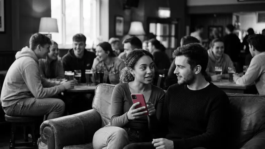 En un bar d’una associació d’estudiants ple de gent, una parella d’uns vint anys comparteix un sofà gastat, mirant-se mentre parlen: ell acaba de fer-li una pregunta i ella respon obertament, inclinant el mòbil amb una funda rosa intensa perquè ell el pugui veure. Al seu voltant, amics de la seva edat amb dessuadores senzilles, texans i esportives xerren amb cerveses a la mà, sense cap rètol visible, i l’ambient és tranquil, càlid i discretament tranquil·litzador.