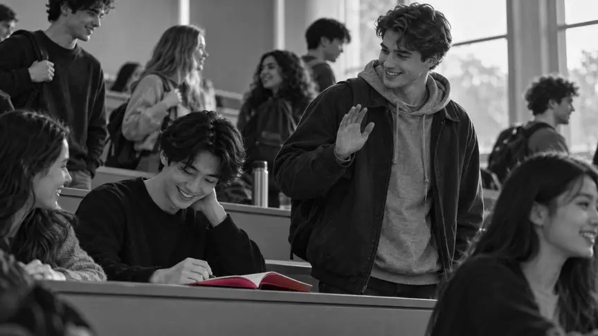 Matí avançat en una aula universitària esglaonada entre classes: un noi d'uns vint anys somriu des del seu pupitre mentre un altre noi d'uns vint-i-un passa per la seva fila amb un hola amistós i un petit gest de mà, mentre altres estudiants d'uns vint anys xerren i recullen les seves coses al voltant. Dessuadores i jaquetes sense lletres ni logotips, un quadern de color rosa fosc obert al seu pupitre, pantalles de mòbil girades, l'ambient càlid i una mica tímid.