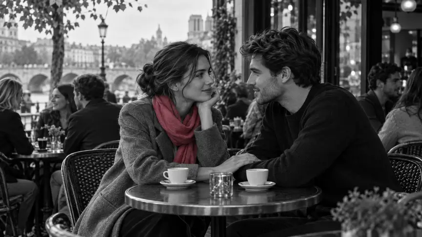 En una taula de terrassa d'un cafè, en una tarda de tardor suau, una dona d'uns vint-i-cinc anys i un home d'uns vint-i-sis parlen amb sinceritat i calidesa davant de dues tasses de cafè, inclinats l'un cap a l'altra, amb la mà d'ella a prop de la d'ell; ella porta un abric gris llis i una bufanda d'un rosa intens, ell porta un jersei marí llis, i altres clients joves xerren a les taules del costat, tothom amb roba llisa, sense lletres ni logotips.