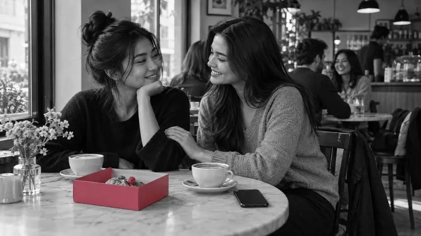 En una cafeteria lluminosa un matí feiner, dues amigues d'uns vint-i-dos i vint-i-tres anys seuen en una tauleta petita d'un racó amb un cafè; una s'inclina per tranquil·litzar l'altra amb la mà al braç i totes dues somriuen; un mòbil jeu bocaterrosa a la taula, amb la pantalla girada, al costat d'una capsa de pastissos rosa fosc; altres clients xerren al fons difuminat, i tothom porta roba llisa, sense lletres ni logotips.