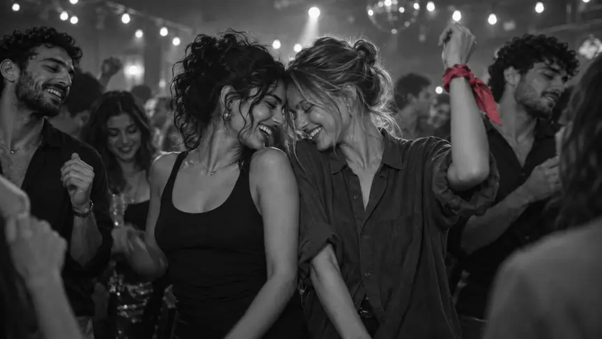 En una pista de ball plena, en una nit de club sota garlandes de llums càlides, dues noies joves d'uns vint-i-tres i vint-i-quatre anys ballen ben juntes, rient amb els fronts gairebé tocant-se, mentre els amics ballen al seu voltant; una porta una samarreta de tirants negra llisa i l'altra una camisa ampla llisa amb les mànigues arremangades, un mocador rosa fosc lligat fluix al canell d'una de les noies, i tothom porta roba llisa sense lletres ni logotips.