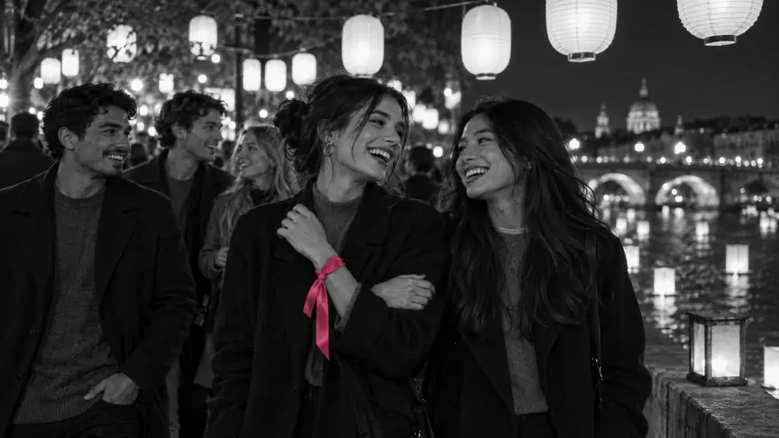 En un festival de fanalets nocturn per un riu, sota fileres de fanalets de paper encesos sense cap text, dues dones d'uns vint-i-tres i vint-i-quatre anys riuen juntes amb la llum càlida, una amb una cinta de color rosa fort lligada fluixament al canell; al seu voltant, amics de la seva edat passegen i xerren, tots amb abrics i jerseis llisos sense text ni logotips.