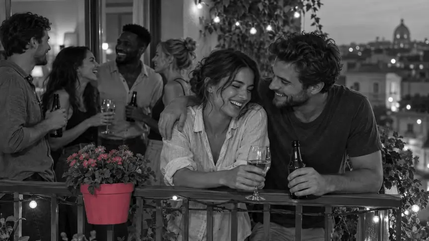 En un balcó petit ple d'amics en una càlida nit d'estiu, una dona d'uns vint-i-set anys amb una camisa de lli llisa i un home d'uns vint-i-vuit amb una samarreta llisa es recolzen a la barana rient junts, ell amb el braç per sobre de les seves espatlles, mentre amics de la seva edat xerren i fan passar les begudes sota una garlanda de llums; un test de flors rosa fosc descansa sobre la barana, i tothom porta roba llisa sense lletres ni logotips.