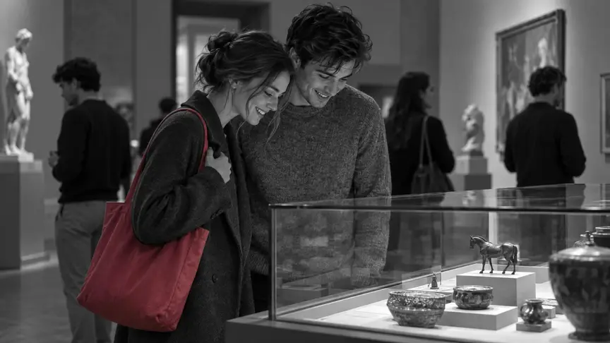 En una sala tranquil·la d'un museu, un dia feiner a la tarda, una dona d'uns vint-i-dos anys amb un abric llarg senzill i un home d'uns vint-i-tres amb un jersei gris senzill estan junts, amb els caps gairebé tocant-se mentre es recolzen sobre una vitrina il·luminada, tots dos somrient a alguna cosa del seu interior; ella porta una bossa tote d'un rosa fort, uns quants visitants joves més passen per la sala suaument il·luminada al darrere, i tothom porta roba senzilla sense lletres ni logotips.