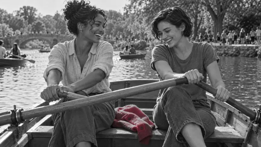 En un llac d'un parc una tarda assolellada de cap de setmana, dues dones d'uns vint-i-sis i vint-i-set anys, una parella — una amb els cabells curts i foscos i una samarreta grisa llisa, l'altra amb els rínxols recollits i una camisa de lli llisa amb les mànigues arremangades — riuen juntes mentre enreden els rems d'una petita barca de rems de fusta; un càrdigan rosa fosc descansa plegat al seient entre elles, altres barques i gent passejant per la riba al darrere, totes amb roba llisa sense lletres ni logotips i sense cap mòbil a la vista.