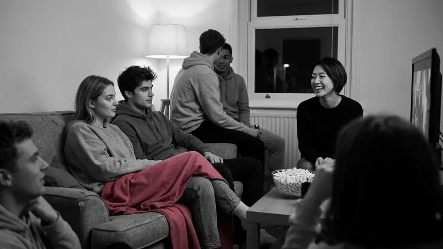 En una sala d’estar d’estudiants acollidora i plena de gent, en una nit de pel·lícula, una jove d’uns vint anys amb una dessuadora ampla i senzilla seu al sofà al costat del seu nòvio, amb una manta rosa intens sobre els genolls, mirant cap a un amic que li agrada i que riu prop de la finestra; al seu voltant, amics de dinou i vint anys amb dessuadores i texans senzills comparteixen crispetes sota una llum càlida, l’ambient és pensatiu però amb una esperança tranquil·la.