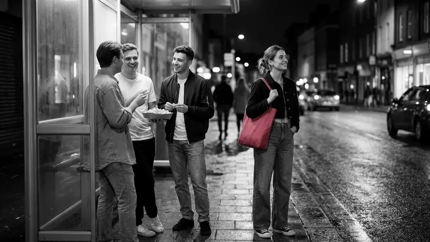 Ben entrada la nit, en una vetllada suau després de sortir, quatre amics de poc més de vint anys, vestits amb roba normal de sortir — samarretes senzilles, una camisa ampla, una jaqueta bomber, texans — esperen junts sota un refugi de vidre il·luminat suaument, sense cartells ni anuncis, compartint una safata de paper amb patates fregides i rient d’una anècdota; una jove d’uns vint-i-dos anys, amb una jaqueta curta, texans amples i esportives, i una bossa rosa fosc senzilla a l’espatlla, somriu per a ella mateixa mentre mira el carrer humit i il·luminat buscant l’autobús.