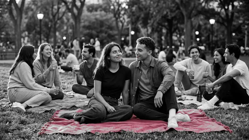 En un pícnic amb amics en un parc de la ciutat en una tarda càlida, una jove i un jove d’uns vint anys seuen costat a costat sobre una manta rosa intens, intercanviant un somriure tímid i esperançat, mentre els seus amics riuen i comparteixen begudes al seu voltant. Tothom porta roba còmoda de cap de setmana: samarretes senzilles, camises amples, texans amplis i esportives. No hi ha cap cartell, pancarta ni lletres enlloc.