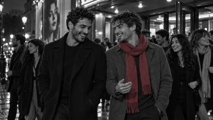 En un carrer il·luminat de nit, dos homes d'uns vint-i-sis i vint-i-set anys surten d'un cinema costat a costat, tots dos rient a cor què vols d'alguna cosa que un d'ells acaba de dir, un amb un abric blau marí llis i l'altre amb una jaqueta grisa llisa i una bufanda rosa fosc; les portes del cinema brillen darrere seu i altres joves surten al carrer amb roba llisa, sense lletres ni logotips.