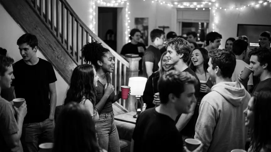 Una festa plena a una casa de fraternitat a la nit, il·luminada només per garlandes de llums i una làmpada baixa, ombres profundes, desenes d’estudiants universitaris d’uns vint a vint-i-dos anys amuntegats espatlla amb espatlla amb texans, dessuadores i samarretes senzilles sense marca, gots de plàstic senzills de festa a la mà, sense lletres enlloc. A prop de les escales, una jove rient amb dues amigues sosté un got rosa fosc i capta la mirada d’un noi a l’altra banda de l’habitació, que somriu obertament des del mig d’un grup que riu i que inclou la seva nòvia; tothom xerra plegat, i l’ambient és càlid i d’una esperança serena.