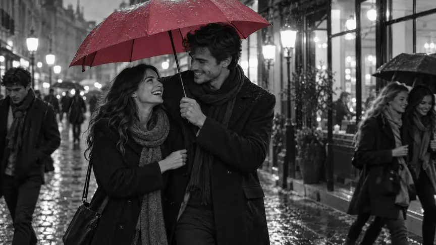 En un carrer urbà plujós al començament del vespre, una dona d'uns vint-i-sis anys i un home d'uns vint-i-set comparteixen un paraigua d'un rosa intens, rient mentre ell l'inclina perquè ella no es mulli, amb finestres suaument il·luminades al darrere sense rètols ni lletres, i uns quants joves que passen de pressa sota la pluja; tots dos porten abrics i bufandes senzills sense lletres ni logotips.