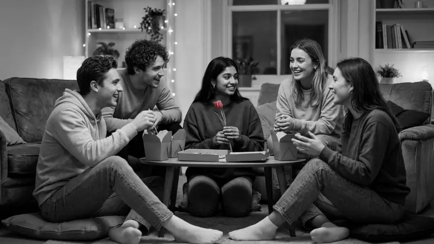 La nit de Sant Valentí, cinc estudiants que comparteixen pis de diferents orígens, d’uns vint a vint-i-dos anys, amb dessuadores, samarretes i texans senzills sense marca, asseguts en coixins al voltant d’una taula baixa en un pis compartit acollidor, compartint menjar per emportar i rient d’una història que explica un d’ells; una jove amb una dessuadora ampla i texans sosté un tulipà rosa fosc que li ha portat una amiga, somrient mentre garlandes de llums càlides il·luminen les prestatgeries darrere seu.
