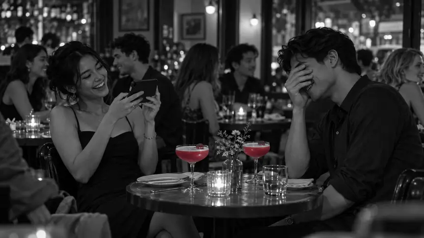 En una taula de cantonada a la llum d'una espelma, en un restaurant de barri ple un divendres al vespre, una noia d'uns vint-i-tres anys es repenja enrere rient mentre fotografia dos còctels d'un rosa intens, amb la pantalla del mòbil girada cap a ella, mentre un noi d'uns vint-i-quatre anys somriu i fa com si s'amagués la cara amb la mà; altres comensals joves xerren a les taules del costat, tots amb roba senzilla, sense lletres ni logotips.