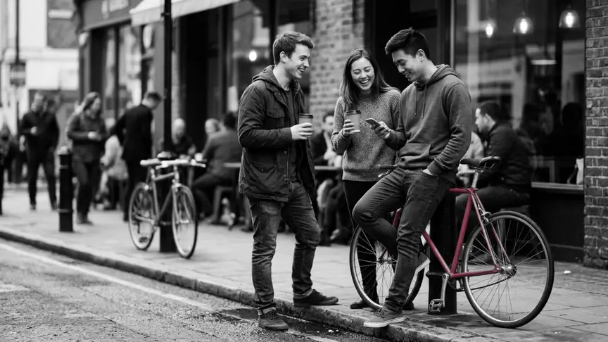 A la vorera davant d'una cafeteria plena un matí de cap de setmana, un jove d'uns vint-i-dos anys amb una dessuadora senzilla i texans es recolza a la seva bici rosa intens, un peu a la vorada, mirant un mòbil que no es veu amb un somriure petit i curiós, mentre dos amics de la seva edat riuen al seu costat amb gots de cafè de paper, la façana de la cafeteria desenfocada i sense cap rètol visible.