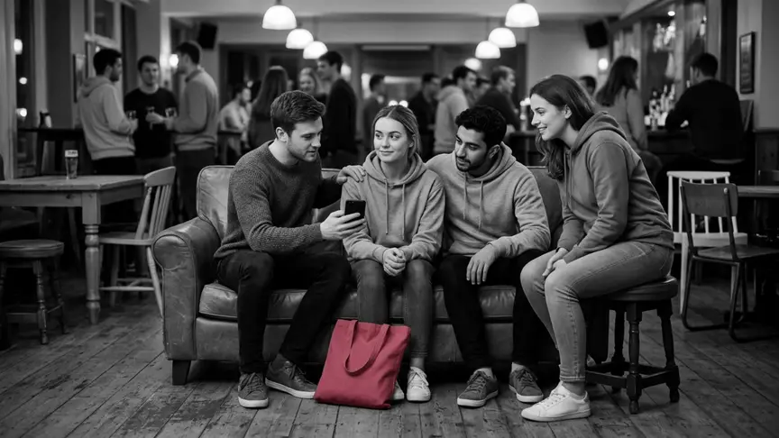 En un bar animat de la unió universitària, una dona d’uns vint anys seu en un sofà gastat entre dos amics de la seva edat mentre un d’ells gira el mòbil, amb la pantalla cap a fora, per mostrar-li alguna cosa; ella sembla pensativa i tranquil·la, amb la mà d’un amic a l’espatlla, mentre un tercer, assegut en un tamboret baix, li fa un somriure d’ànim. Porten dessuadores senzilles, texans i esportives, sense cap lletra, i a terra hi ha una bossa de lona rosa fosc sense cap dibuix; la llum és càlida i l’ambient tranquil·litzador, com si els amics la tinguessin coberta.
