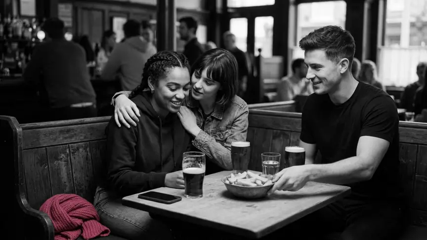 A última hora d’un vespre entre setmana en un bar animat del barri, tres amics d’entre vint-i-cinc i trenta anys comparteixen un racó; una jove ha posat el mòbil boca avall al costat del got i somriu mentre una amiga s’acosta amb el braç al seu voltant, i la tercera li passa un bol de patates. Porten dessuadores senzilles, una jaqueta de texà i samarretes bàsiques, i una bufanda rosa fosc reposa al banc al seu costat, tot sota la llum càlida i baixa del bar, amb un ambient relaxat i tranquil·lament alegre.