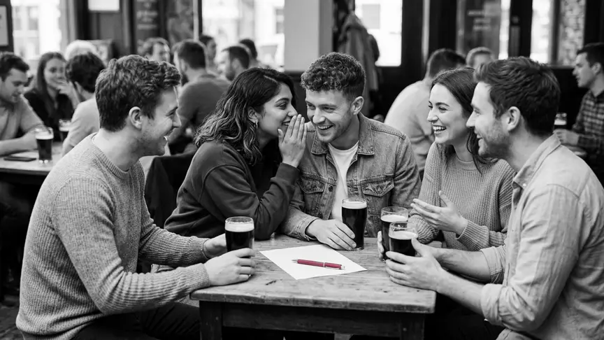 En una nit de quiz en un pub ple de gent, cinc amics de vint-i-pocs anys, dues dones i tres homes, s’apleguen al voltant d’una taula petita amb dessuadores, samarretes i jaquetes de denim. Una jove s’inclina per xiuxiuejar una resposta a l’home que té al costat, un amic que li agrada en secret, i ell riu mentre els altres discuteixen animadament amb les cerveses a la mà. Un bolígraf rosa intens descansa sobre una fulla de respostes en blanc, cap per avall, entre ells, sense pantalles, pissarres ni escrits a la vista.