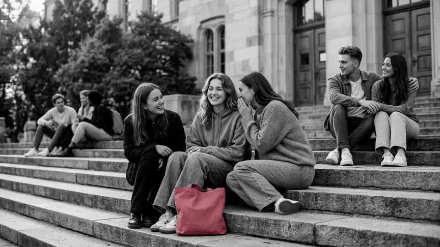 En uns amplis graons de pedra davant d’un edifici universitari a la tarda, una jove d’uns vint anys amb una dessuadora ampla i uns texans amples seu amb dues amigues de la seva edat, amb una bossa de roba senzilla de color rosa fosc als peus. Somriu, sorpresa i discretament contenta, mentre una amiga s’inclina per dir alguna cosa i l’altra riu. Uns graons més amunt, un noi de la seva edat seu al costat de la seva nòvia i mira cap enrere cap a ella. Sense signes, logotips ni lletres.