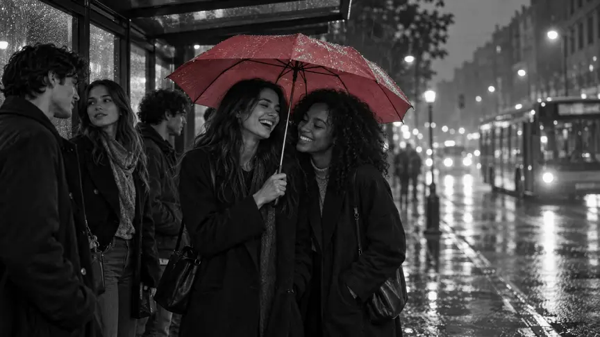 En una parada d'autobús urbana sota la pluja, un vespre de tardor, dues noies joves d'uns vint-i-un i vint-i-dos anys comparteixen un paraigua rosa fosc i riuen d'alguna cosa que una acaba de dir mentre l'altra s'hi acosta; uns quants joves més esperen sota la marquesina al costat, els fanals difuminats per la pluja, tots amb abrics i texans senzills, sense lletres ni logotips.