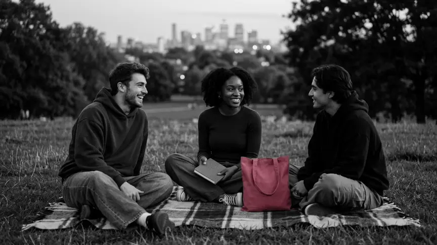 En un turó amb gespa d’un parc urbà al capvespre, una jove d’uns vint-i-dos anys amb pantalons amples, esportives i una samarreta ajustada simple seu en una manta amb dos amics de la seva edat amb dessuadores i texans amples, una bossa de lona rosa fosc senzilla al costat i un quadern tancat al genoll, somrient per alguna cosa que acaba de dir un d’ells mentre el perfil de la ciutat brilla càlid darrere seu.