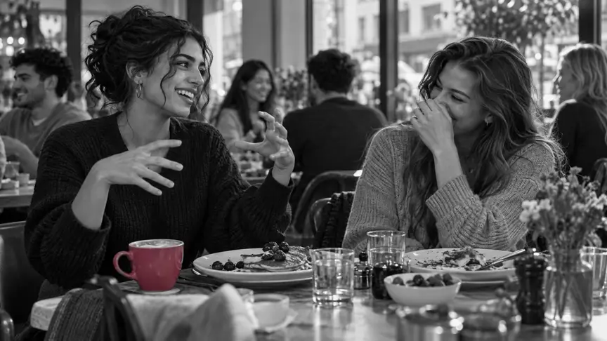 En un esmorzar de cap de setmana en una cafeteria lluminosa i plena de gent, dues amigues d'uns vint-i-dos i vint-i-tres anys riuen sense poder-se'n estar d'una història que una d'elles representa amb les mans, amb plats de creps a mig menjar entre totes dues i una tassa de cafè rosa fosc al costat del colze; altres clients joves xerren al fons, tothom amb jerseis i camises llisos, sense lletres ni logotips.