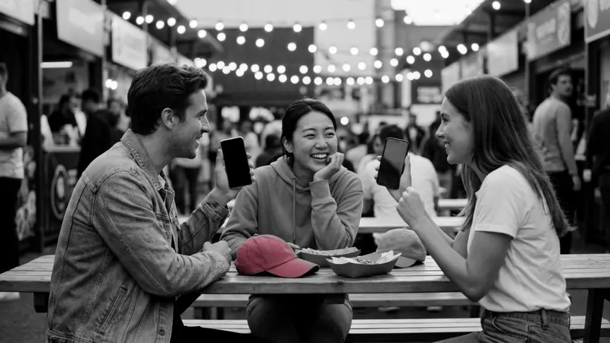 En un mercat de menjar al carrer molt concorregut un dissabte a la tarda, tres amics de poc més de vint anys comparteixen una taula de fusta. Dos d’ells, amb una samarreta senzilla i una jaqueta de denim sense marca, discuteixen animadament asseguts a banda i banda, cadascun mostrant un telèfon amb la pantalla girada com si defensessin una app diferent, mentre el tercer, amb una dessuadora senzilla, riu entre ells amb el mentó recolzat a la mà. Una gorra de beisbol senzilla de color rosa fosc és al costat de safates de paper per menjar, cadenes de llums càlides brillen per damunt seu sense cap rètol ni lletra a la vista, i l’ambient és càlid i juganer.