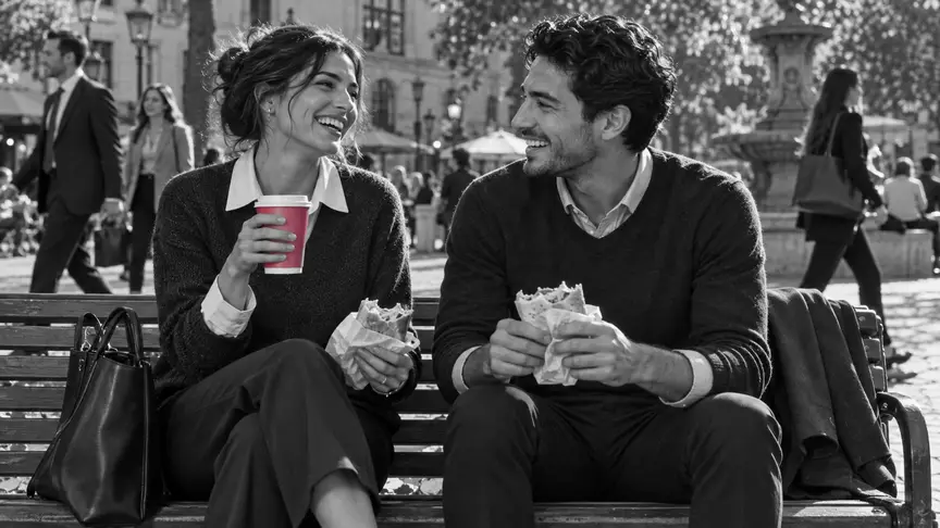 En un banc d'una petita plaça enllosada, a l'hora de dinar d'un dia feiner i lluminós, una dona d'uns vint-i-set anys i un home d'uns vint-i-vuit, amics en la pausa del migdia, riuen amb entrepans i cafè per emportar; la jaqueta d'ell plegada sobre el banc i un got de cafè per emportar d'un rosa intens a la mà d'ella; treballadors d'oficina i altres joves passen pel fons, i tots dos porten camises i jerseis senzills d'estil informal de feina, sense lletres ni logotips.