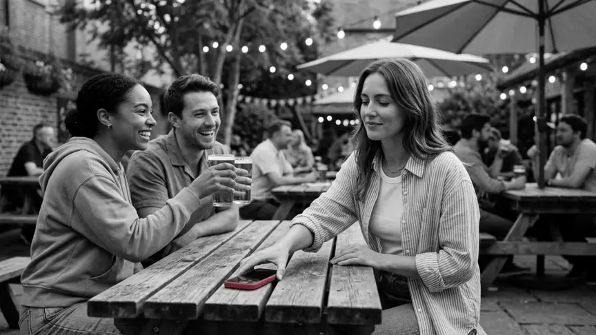 A la terrassa plena d’un pub en un vespre d’estiu, una dona d’uns vint-i-sis anys amb una camisa ampla de ratlles sobre una samarreta sense mànigues posa el mòbil, amb una funda rosa fosc, boca avall sobre la taula de fusta, decisió presa, mentre dos amics de finals de vint, un amb dessuadora i l’altre amb camisa de màniga curta, s’inclinen rient i aixequen les seves pintes sota unes llums penjades; no hi ha cap rètol ni lletra a la imatge.