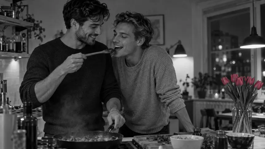 En una cuina petita i viscuda d'un pis, un vespre de febrer, dos homes d'uns vint-i-cinc i vint-i-set anys, amb jerseis senzills sense lletres ni logotips, cuinen el sopar junts: un remena una paella mentre l'altre s'hi acosta rient per tastar-ho amb una cullera de fusta; un pot de tulipes rosa intens descansa al taulell sota la llum càlida d'un llum.