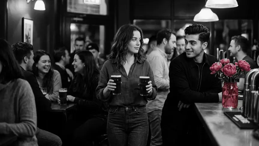 En un bar de barri ple de gent i amb una llum càlida a la nit, una dona d’uns vint-i-tres anys amb una camisa ampla i texans es mou entre la multitud amb un got de cervesa a cada mà, tornant cap a dos amics de la seva edat que riuen a una taula del racó. Un jove de cara fresca i ben afaitat d’uns vint-i-tres anys al bar es gira quan ella passa, i comparteixen un somriure ràpid i curiós al costat d’un gerro de peònies rosa intens.