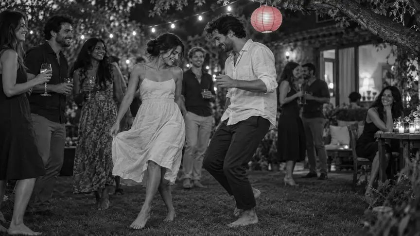 En una festa al jardí d'una amiga, al capvespre, sota garlandes de bombetes càlides, una dona d'uns vint-i-nou anys i un home d'uns trenta-un ballen descalços sobre l'herba, rient, mentre amics de la seva edat xerren i es mouen al seu voltant amb begudes a la mà; ella porta un vestit de lli senzill i ell una camisa llisa de color crema amb les mànigues remangades, un fanal de paper rosa fosc penja de l'arbre damunt d'ells, i tothom porta roba llisa sense lletres ni logotips.