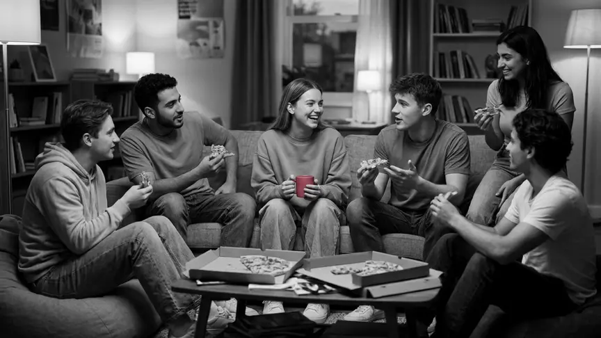En una sala comuna d’una universitat il·luminada per llums tènues, un grup d’amics d’uns dinou o vint anys s’estiren sobre un sofà gastat i coixins al terra compartint trossos de pizza de caixes de cartró senzilles; una jove amb una dessuadora ampla i uns texans amples riu fàcilment d’alguna cosa que acaba de dir el jove al seu costat, amb una tassa rosa fosc a les mans, mentre els seus amics, tots amb dessuadores, samarretes i texans senzills sense marca, xerren i es fan bromes al seu voltant. L’ambient és relaxat, càlid i tranquil·lament esperançador.
