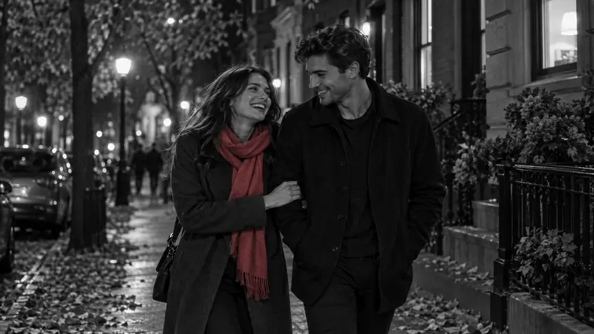 En un carrer residencial tranquil, una nit de tardor, una dona d'uns vint-i-tres anys i un home d'uns vint-i-quatre tornen a casa junts i arrambats sota els fanals càlids després d'una cita, tots dos rient, el braç d'ell fregant el d'ella; ella porta un abric llarg i senzill i una bufanda d'un rosa fort, ell porta una jaqueta fosca i senzilla, fulles caigudes a la vorera i finestres il·luminades al darrere, tots dos ben abrigats pel fred, sense cap lletra ni logotip.