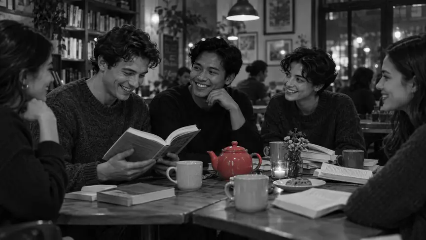 En un club de lectura mensual en un cafè acollidor de barri, un vespre entre setmana, un grup mixt d'amics d'entre vint-i-dos i vint-i-sis anys seu al voltant de dues taules ajuntades amb llibres de butxaca i tasses; dos homes d'uns vint-i-quatre i vint-i-cinc anys riuen plegats per un passatge, i una altra persona del grup, d'uns vint-i-tres anys i aspecte andrògin, somriu al seu costat; una tetera de color rosa fosc descansa al centre de la taula, i tothom porta jerseis, camises i jaquetes llisos, sense lletres ni logotips.