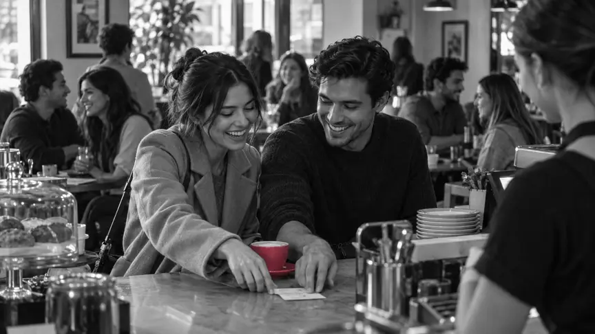 A la barra d'un cafè lluminós i ple de gent un dissabte a la tarda, una dona d'uns vint-i-cinc anys i un home d'uns vint-i-sis allarguen la mà cap al petit compte alhora i esclaten a riure, ella amb un abric llis de color camell i ell amb un jersei blau marí llis; entre les seves mans hi ha una tassa d'un rosa intens, i darrere seu altres clients joves xerren a les taules, tots amb roba llisa sense lletres ni logotips.
