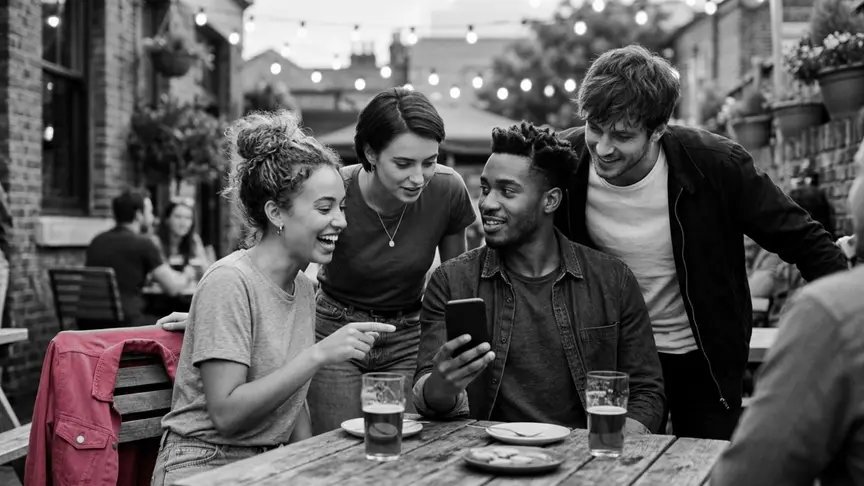 A la terrassa d’un pub animat en una tarda càlida, un jove d’uns vint-i-un anys allarga el mòbil, amb la pantalla girada lluny de la càmera, cap a tres amics de la seva edat — dues noies i un noi — que s’apropen a la taula per ajudar-lo a triar una nova primera foto, una assenyalant-la i rient; porten samarretes, una camisa oberta i texans, una jaqueta rosa intens penja d’una cadira, i unes garlandes de llums brillen a sobre.