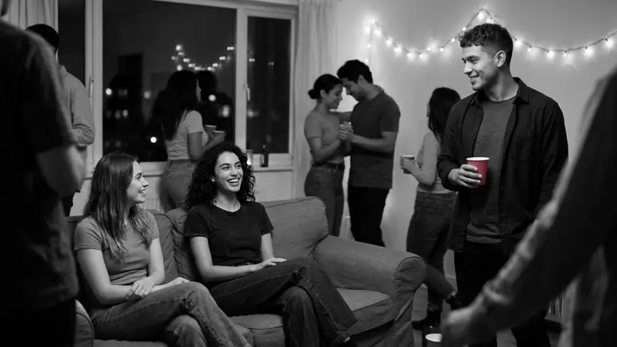 En una festa plena de gent a l’apartament d’un amic, una dona d’uns vint-i-tres anys amb una samarreta senzilla i descolorida i uns texans amples seu rient en un sofà gastat al costat d’una amiga de la seva edat. A l’altra banda de l’habitació, un jove d’uns vint-i-cinc anys amb una camisa senzilla sosté un got de paper rosa intens, la mira i somriu, mentre una parella es balanceja abraçada vora la finestra sota una garlanda de llums càlides.